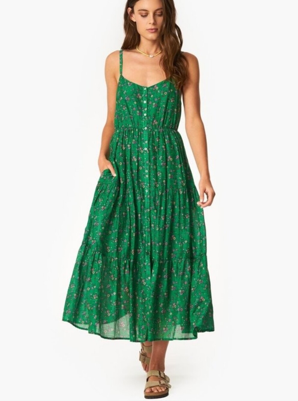 Xirena Sophie Maxi Midi Tiered Dress Flower Fields Green Womens Medium Made USA